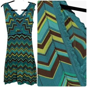 Beth Bowley Aqua Brown Chevron Knit Dress L – Retro Boho Cotton Midi